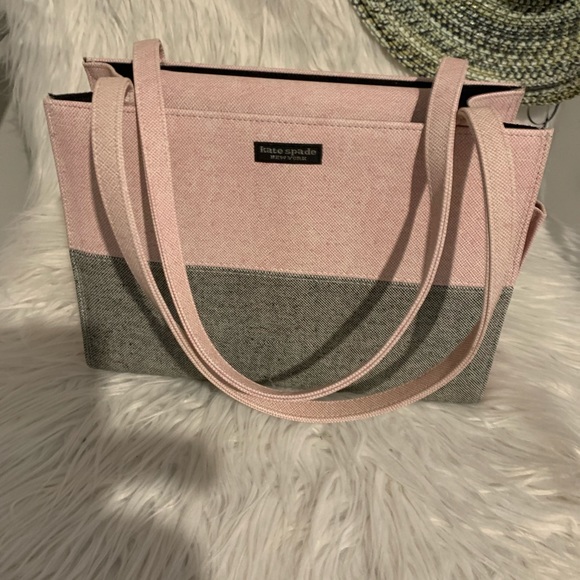 KATE SPADE PINK GREY HANDBAG MEDIUM SATCHEL PURSE FABRIC, CLASSIC STYLE - Picture 10 of 16